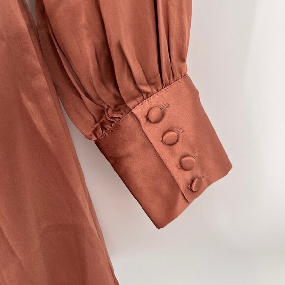 Reformation Silk Mini Dress Size M Rust Wrap Tie Waist Long Sleeve V-Neck - Picture 6 of 9